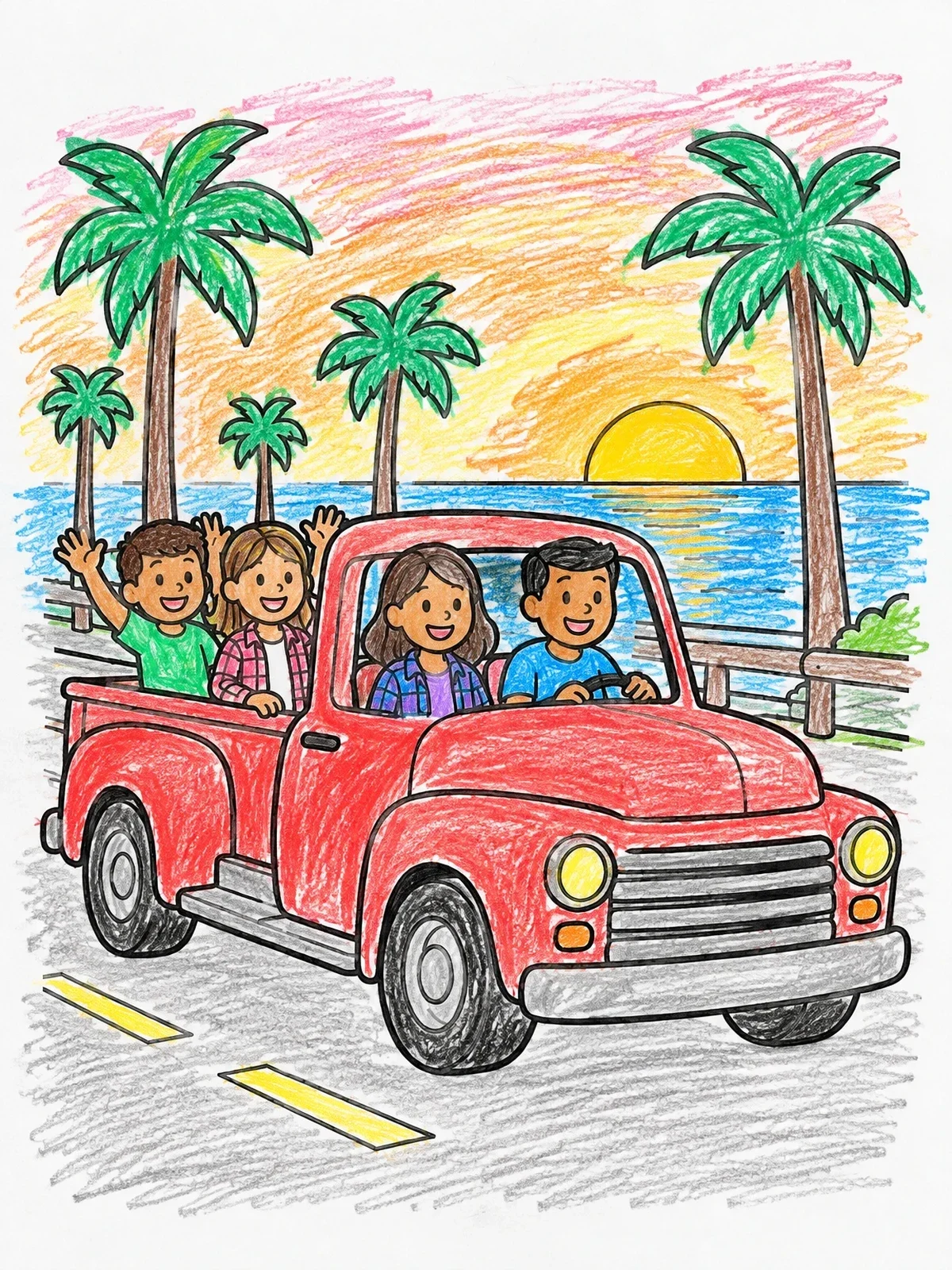 Colored example of the Vintage Pickup Truck Ocean Cruise coloring page