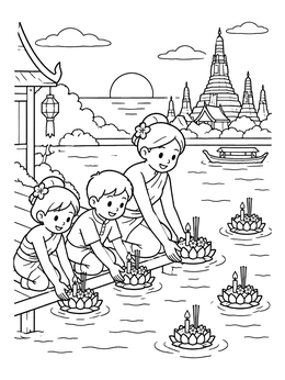 Free printable Family Celebrating Loy Krathong Festival coloring page