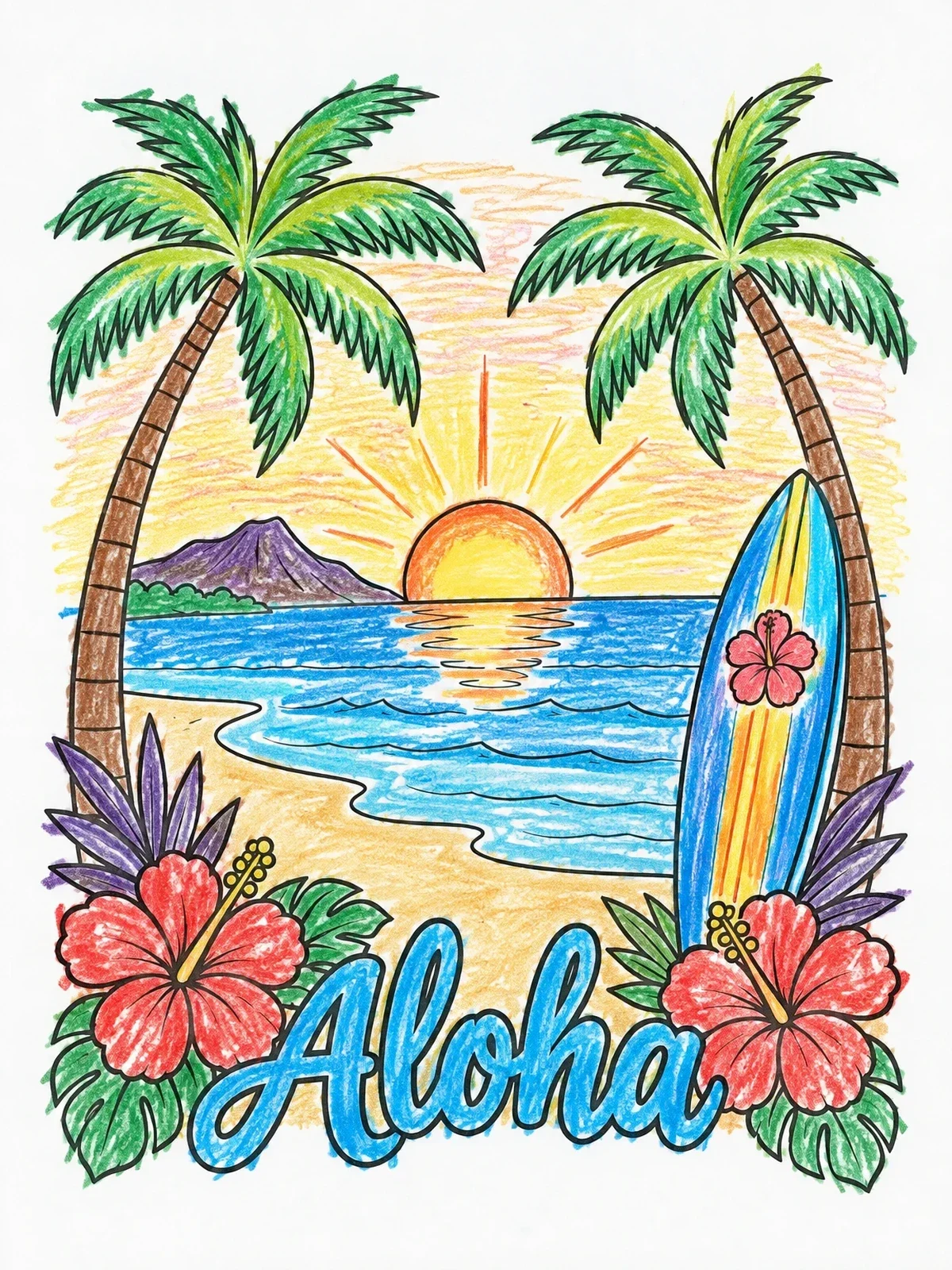Colored example of the Aloha Tropical Sunset Beach Scene coloring page