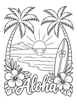 Free printable Aloha Tropical Sunset Beach Scene coloring page