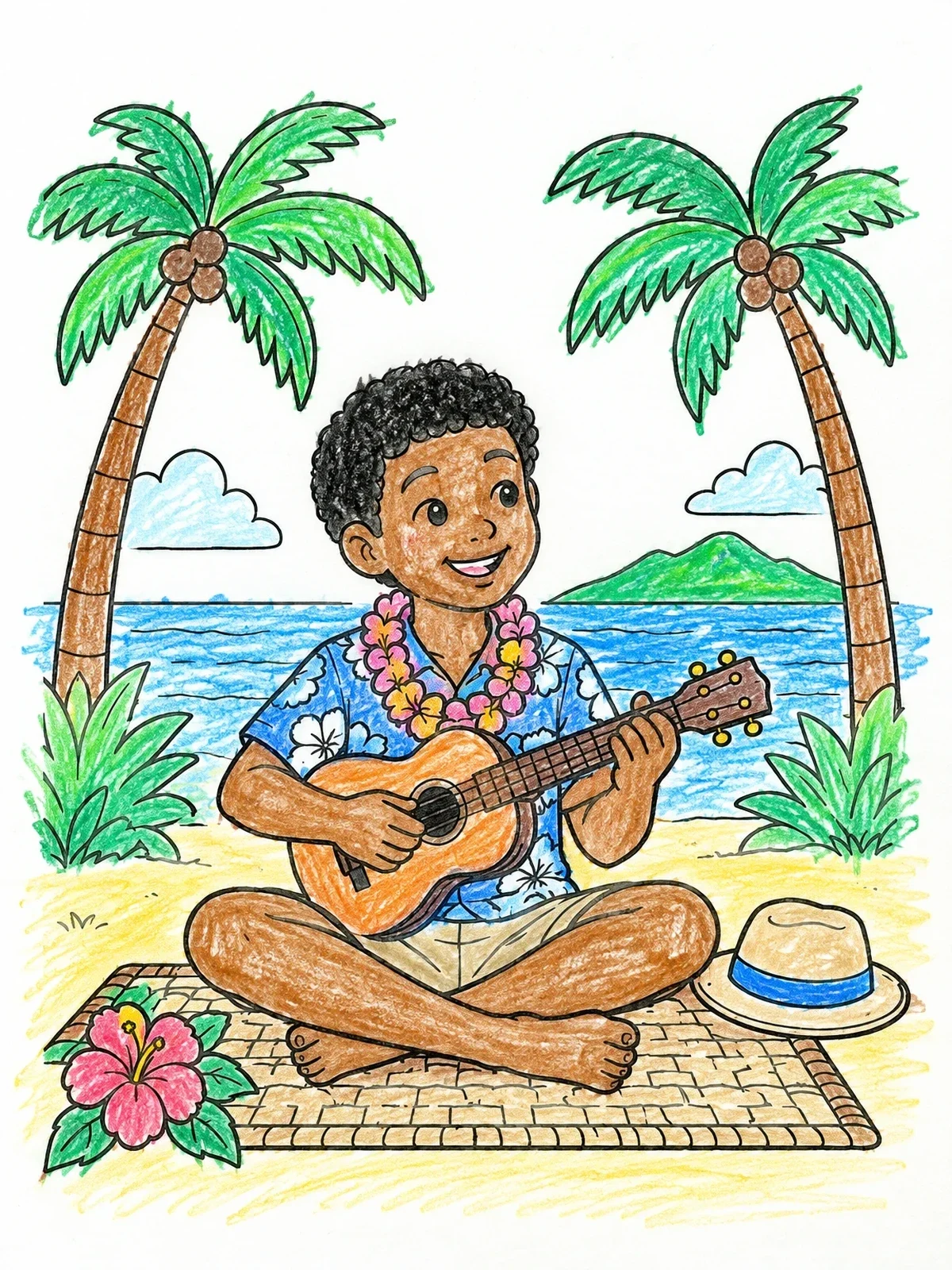 Colored example of the Boy Playing Ukulele On The Beach coloring page