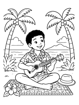 Free printable Boy Playing Ukulele On The Beach coloring page