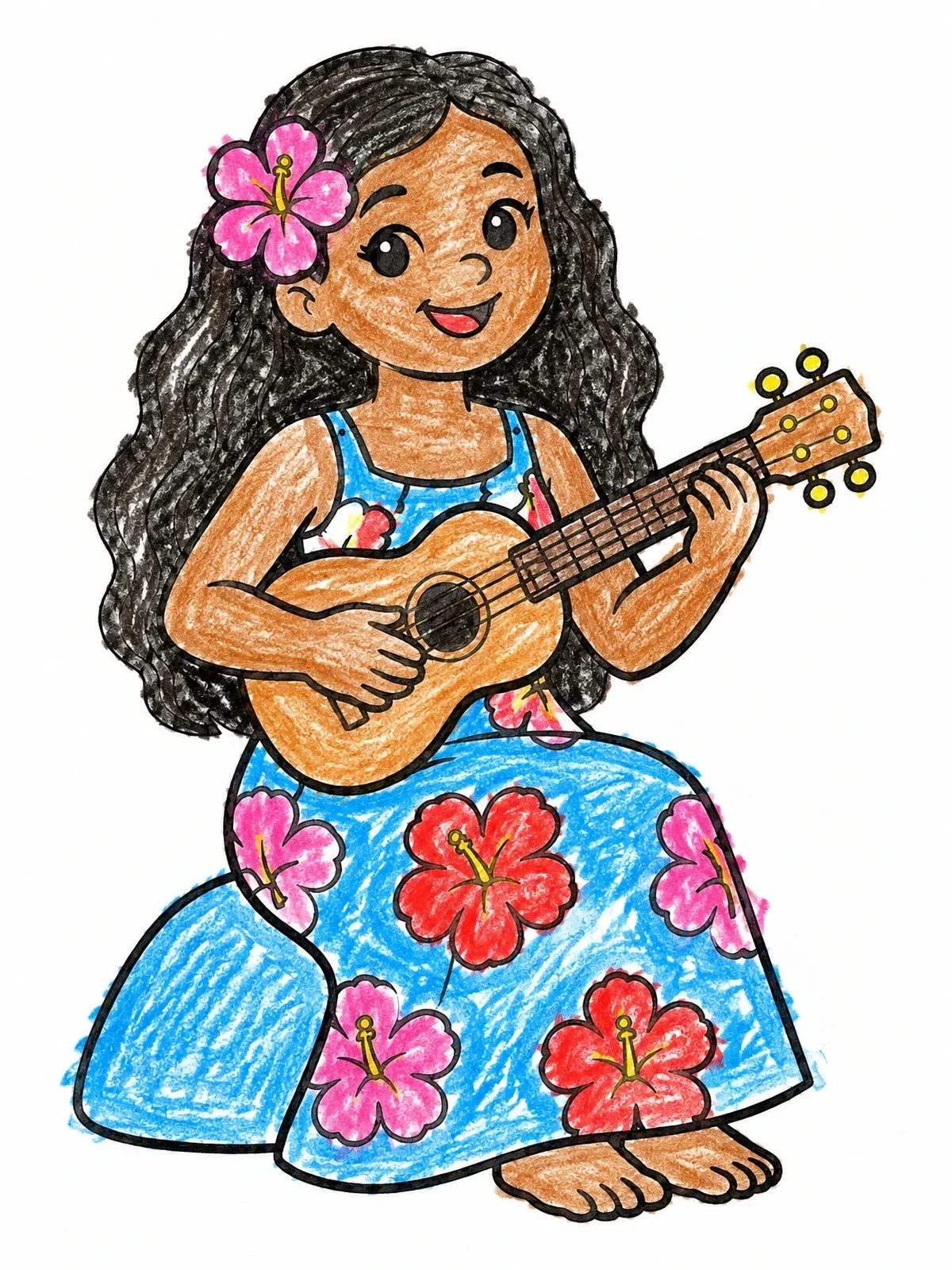 Colored example of the Cheerful Girl Playing Ukulele coloring page