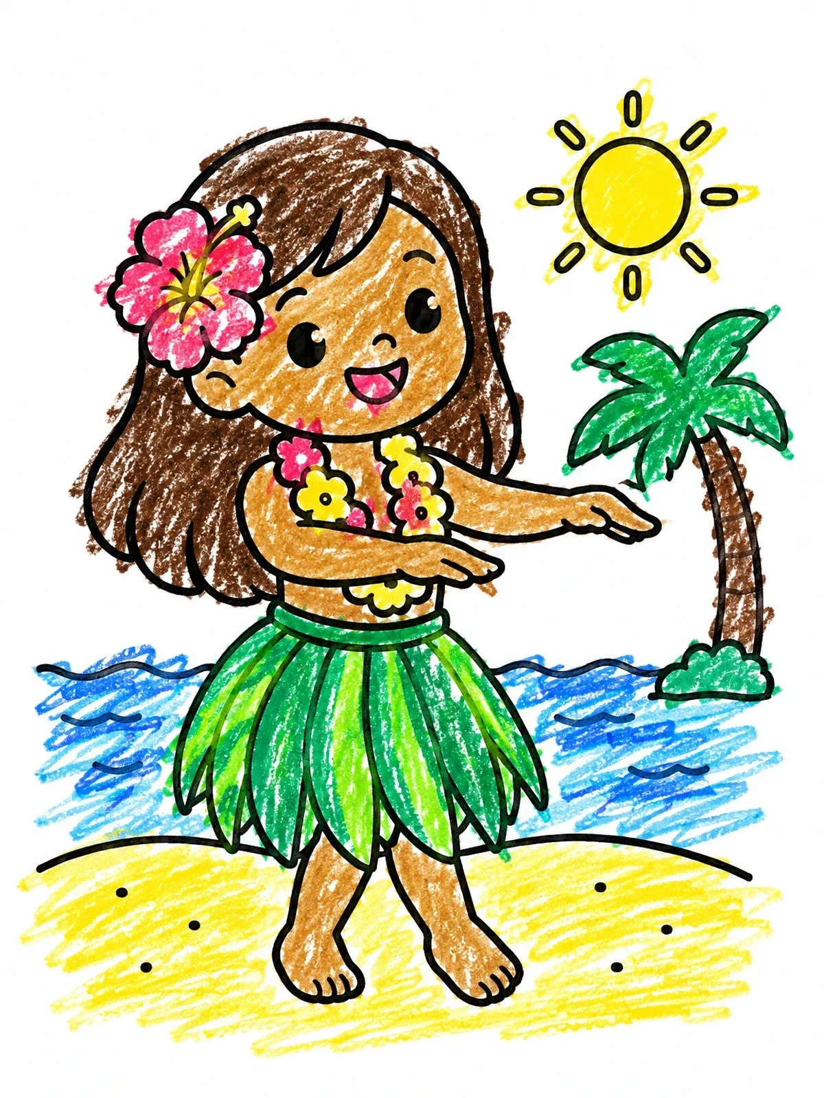Colored example of the Cheerful Hula Dancer On Sunny Beach coloring page