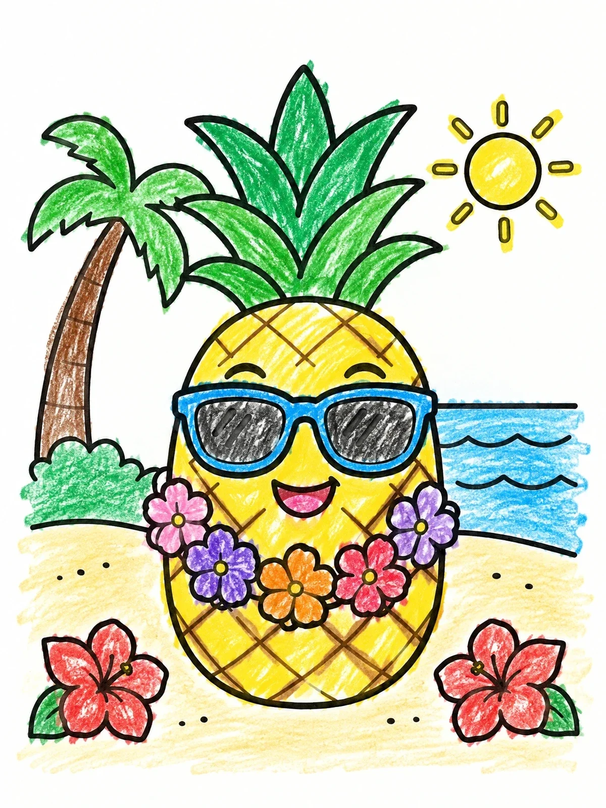 Colored example of the Cool Pineapple With Flower Lei coloring page