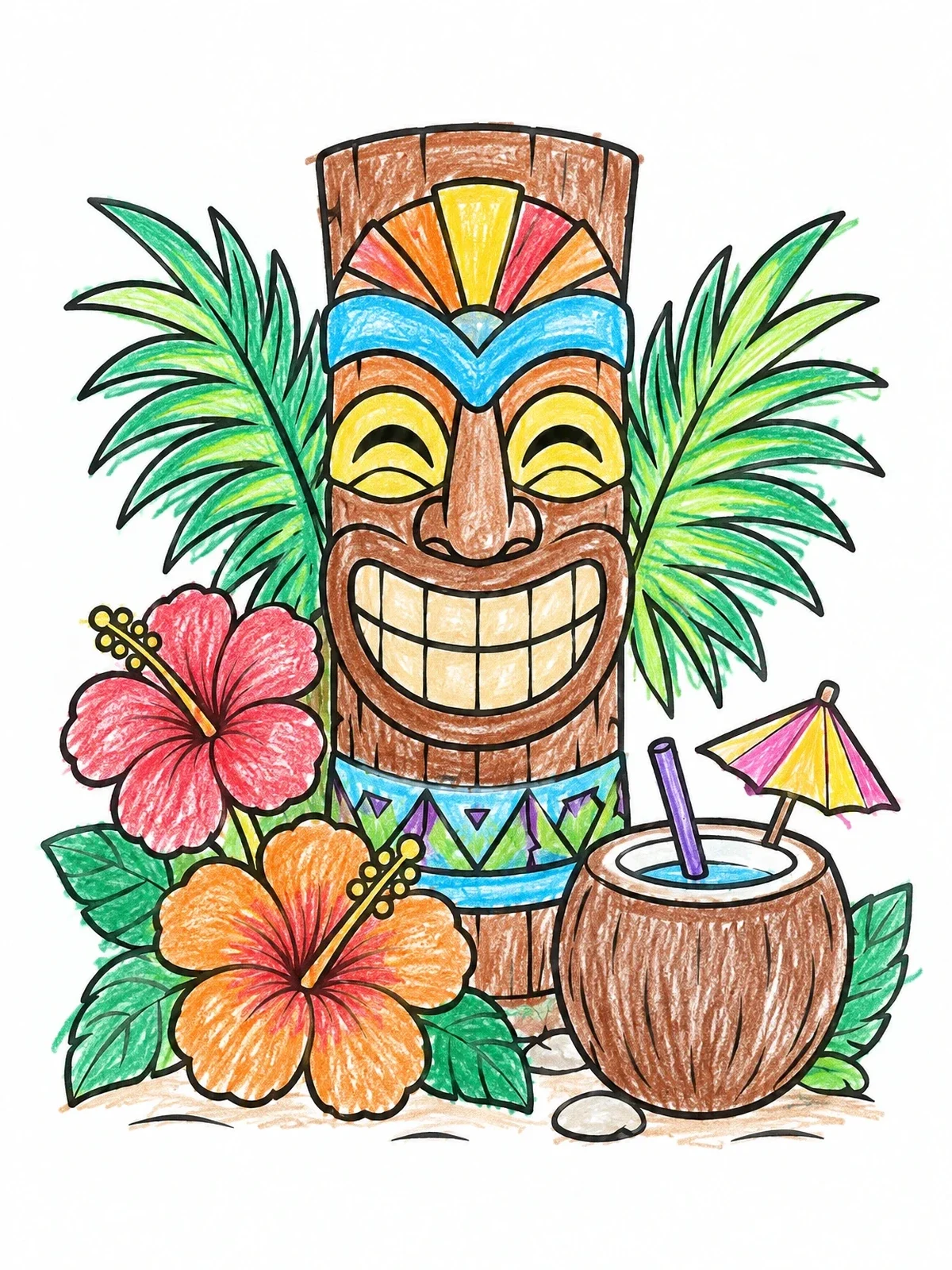 Colored example of the Friendly Tiki Totem With Tropical Drink coloring page
