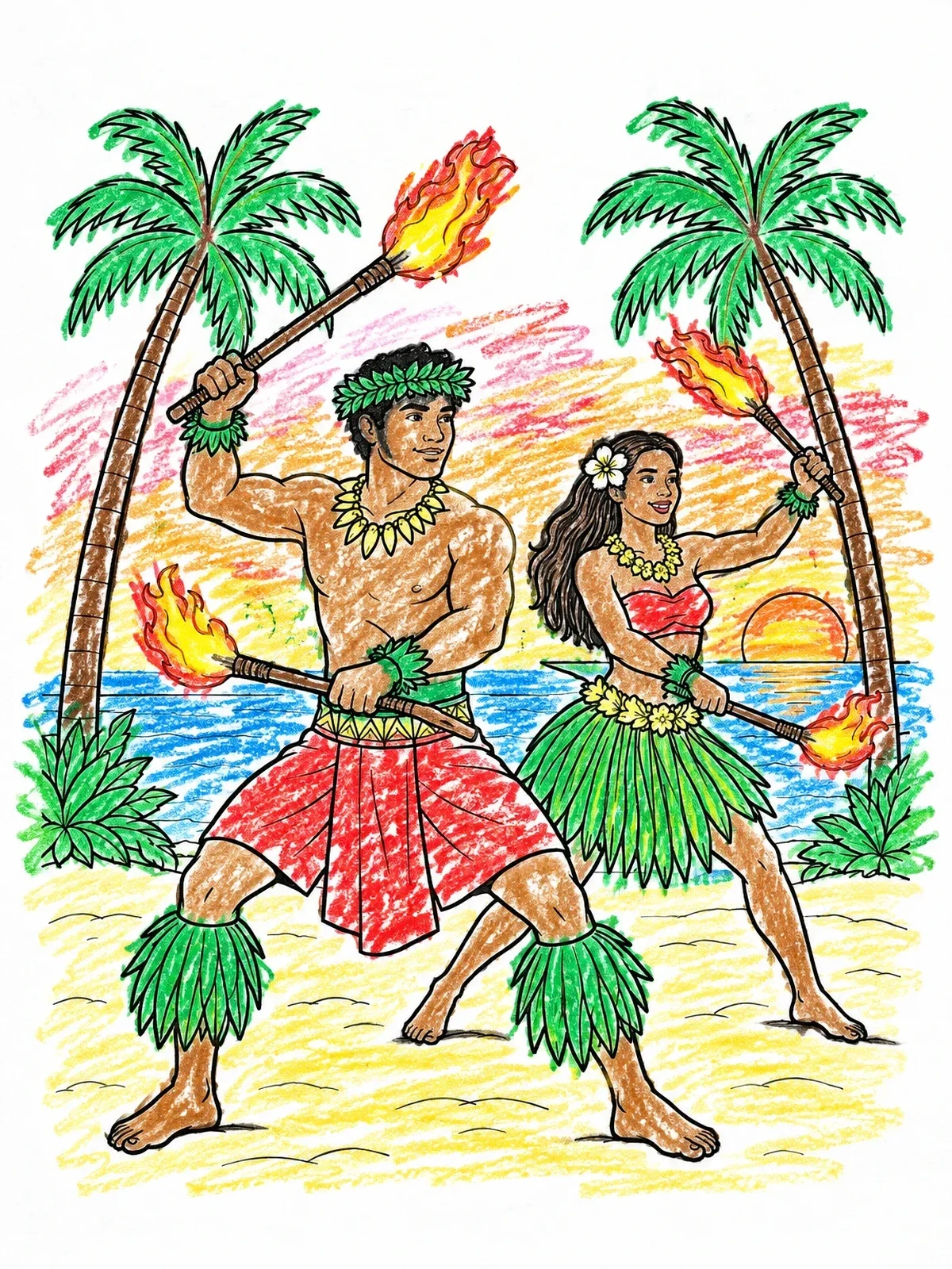 Colored example of the Hawaiian Fire Dancers At Sunset coloring page