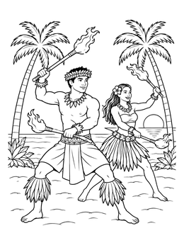 Free printable Hawaiian Fire Dancers At Sunset coloring page