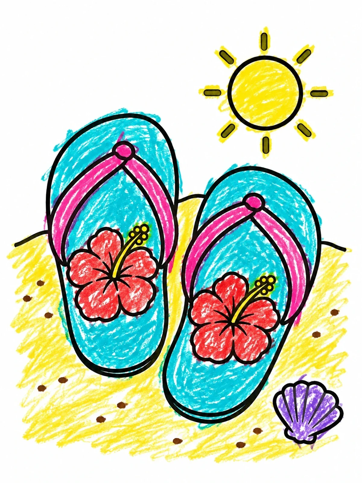 Colored example of the Hibiscus Flip Flops On The Beach coloring page