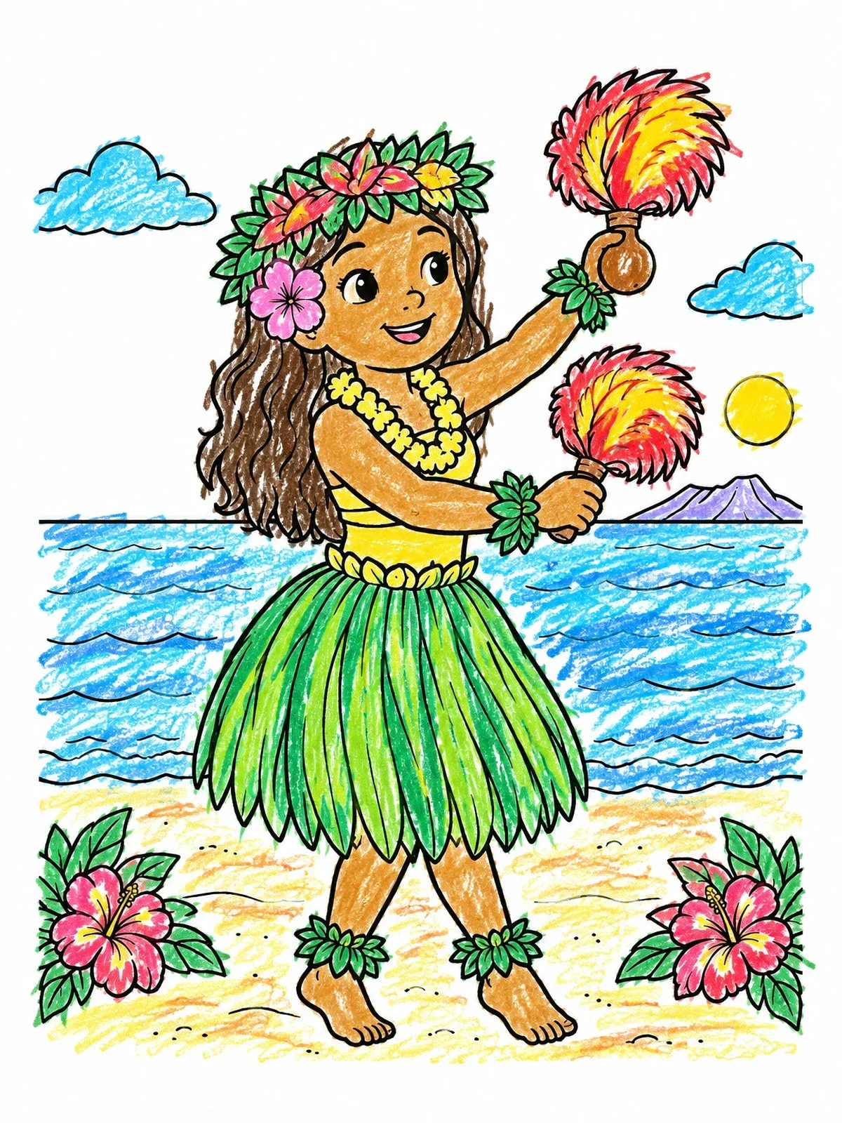 Colored example of the Hula Dancer With Feathered Rattles coloring page