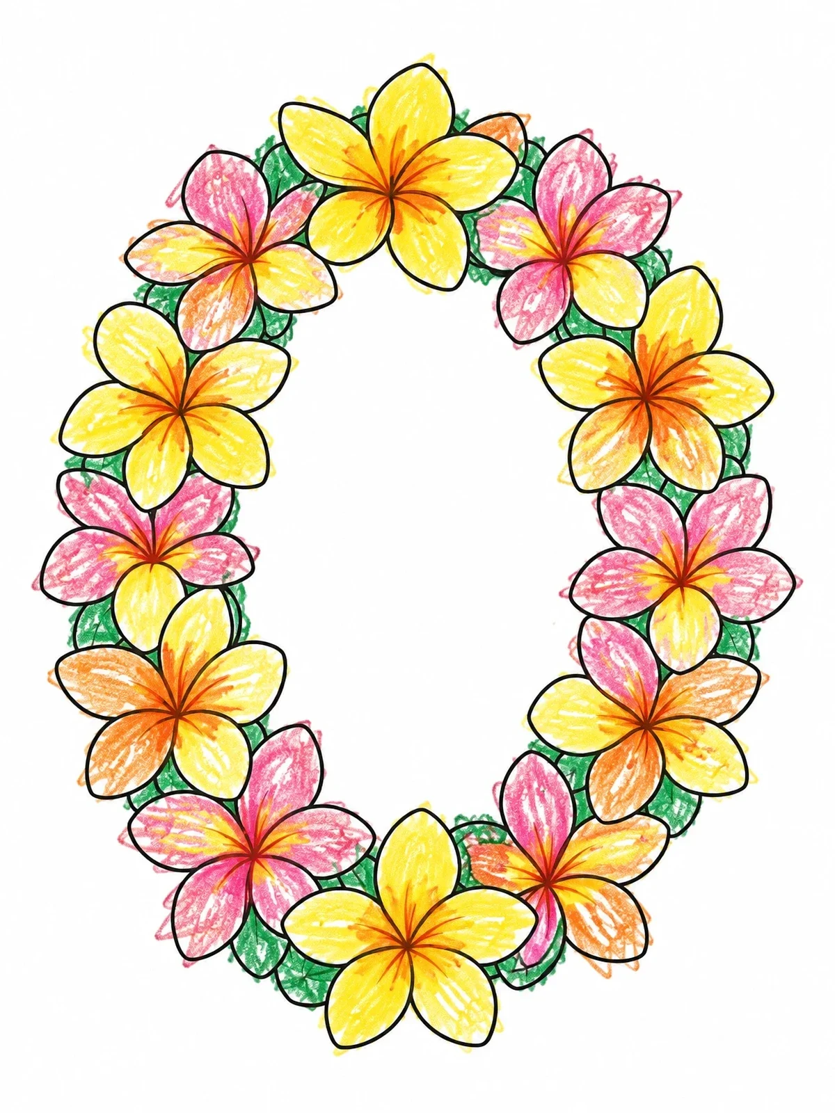 Colored example of the Plumeria Blossom Hawaiian Lei Wreath coloring page