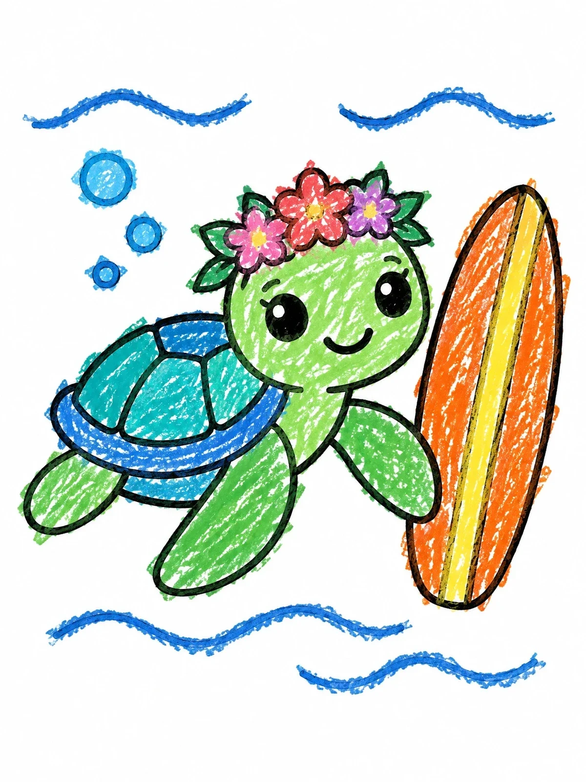 Colored example of the Sea Turtle With Flower Crown And Surfboard coloring page