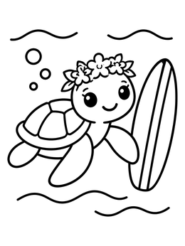 Free printable Sea Turtle With Flower Crown And Surfboard coloring page