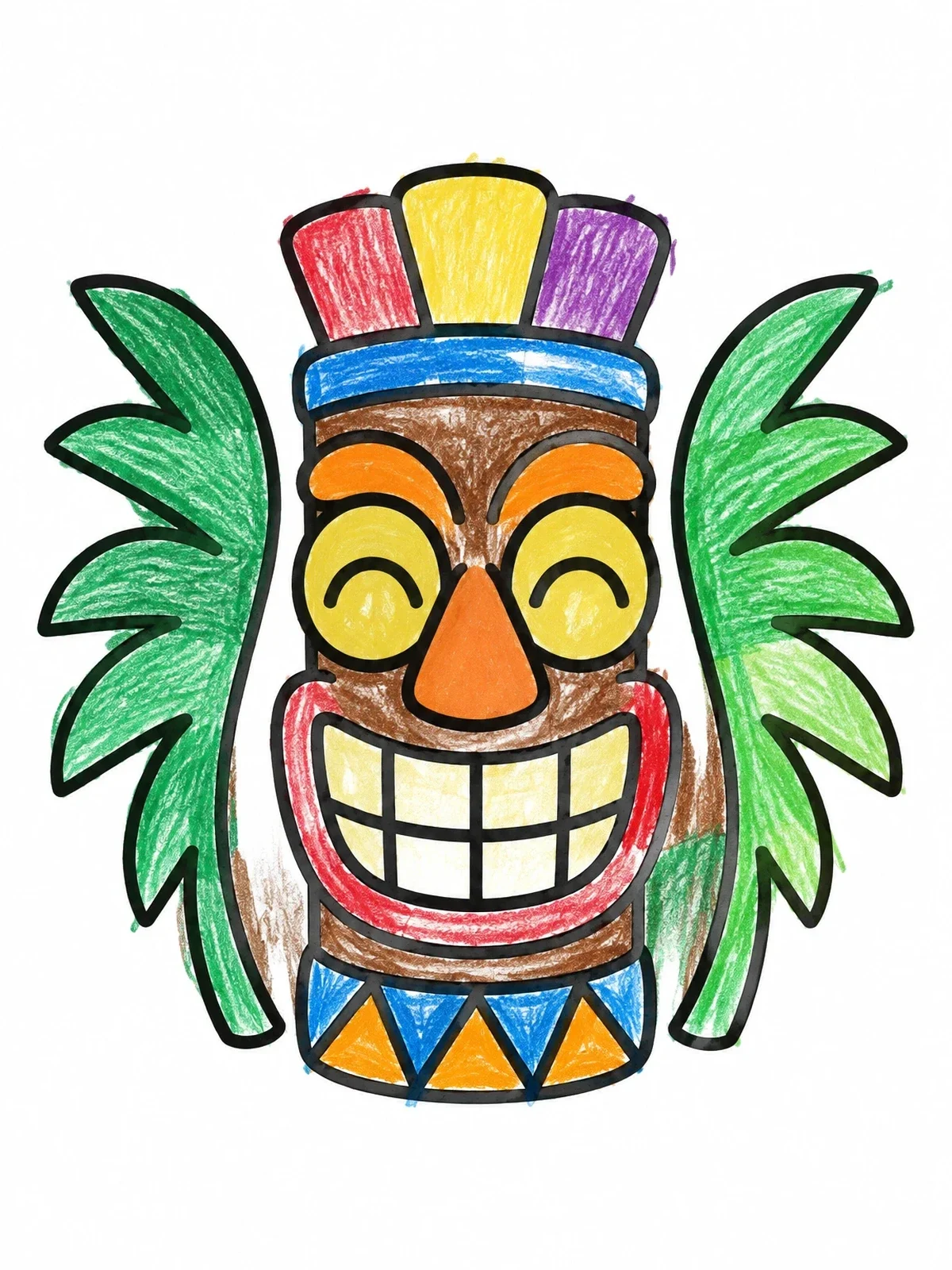 Colored example of the Smiling Tiki Mask With Palm Leaves coloring page