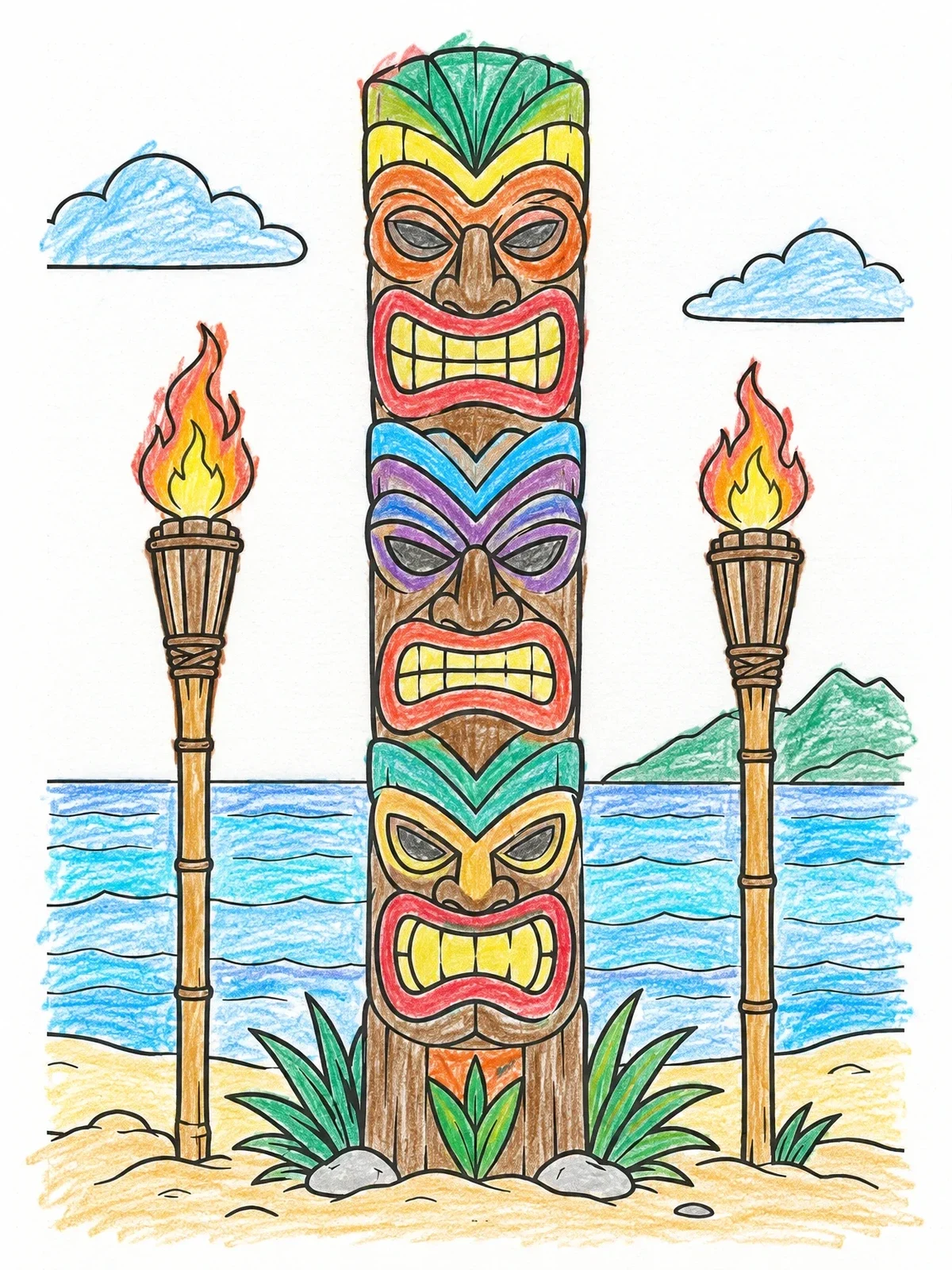 Colored example of the Tiki Totem And Beach Torches coloring page