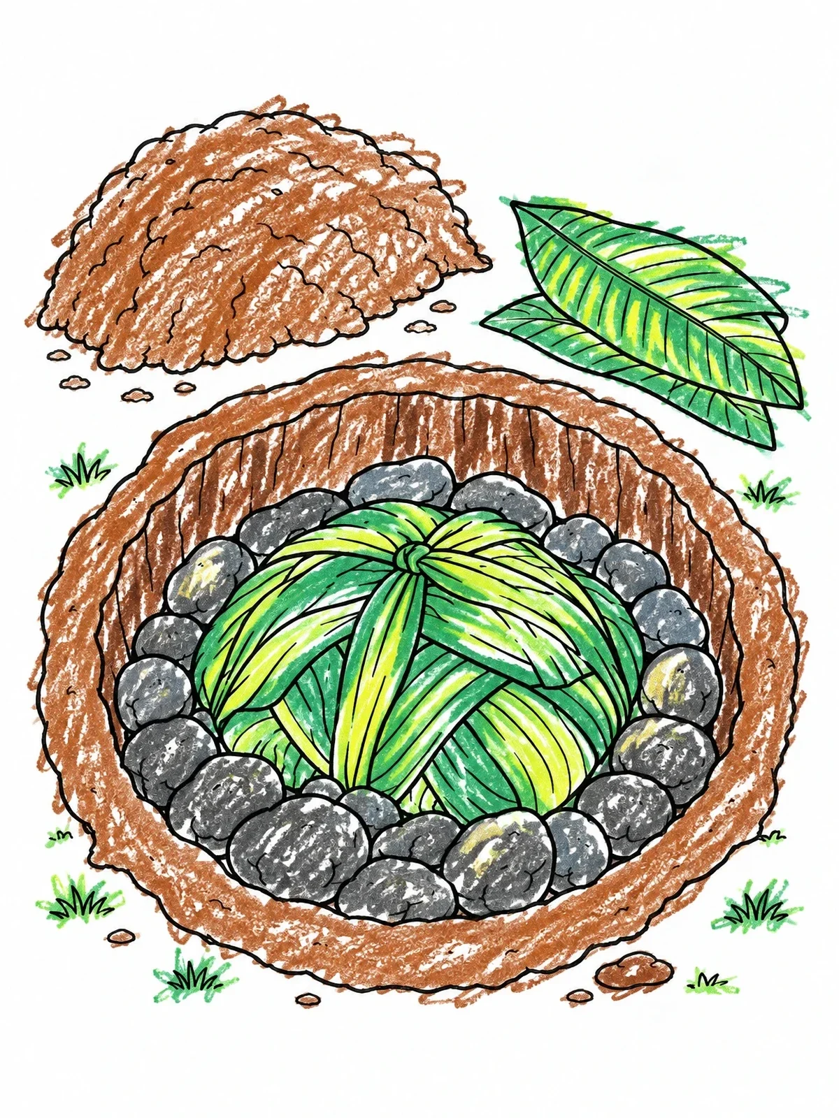 Colored example of the Traditional Underground Imu Pit coloring page