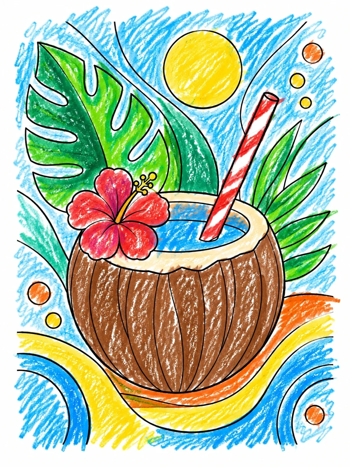 Colored example of the Tropical Coconut Drink With Hibiscus coloring page