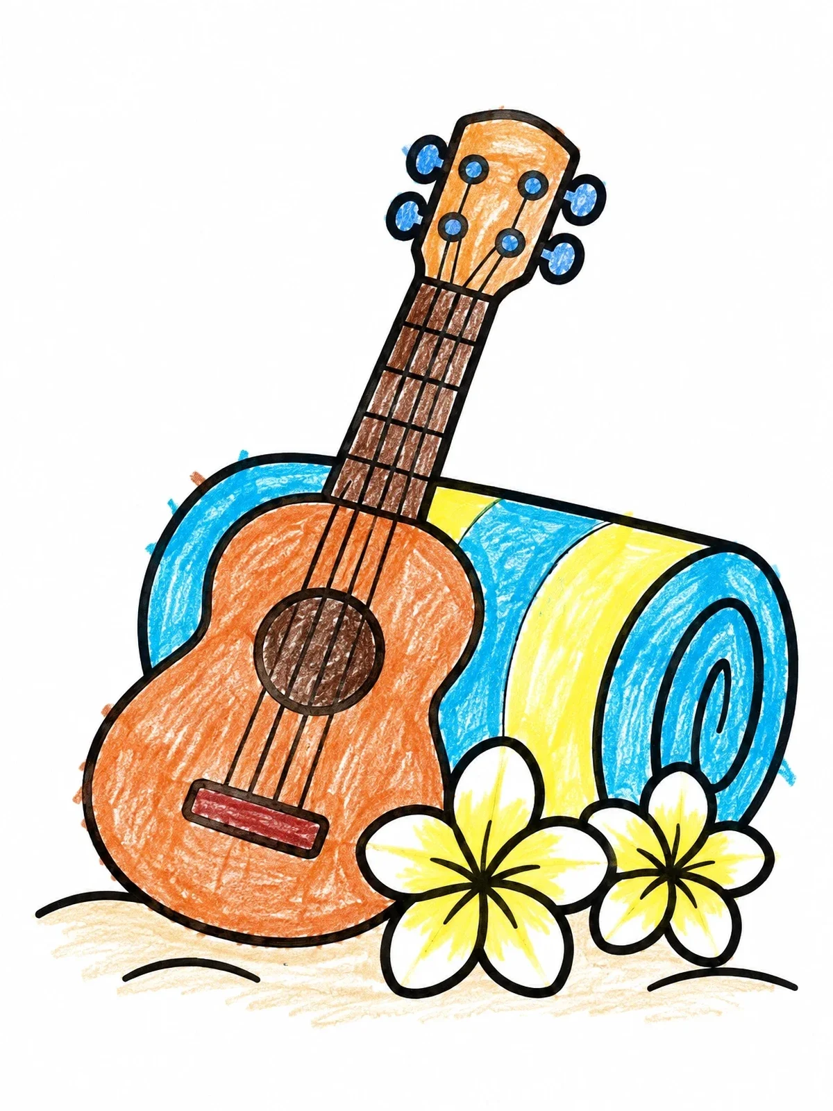 Colored example of the Ukulele With Beach Towel And Plumeria coloring page