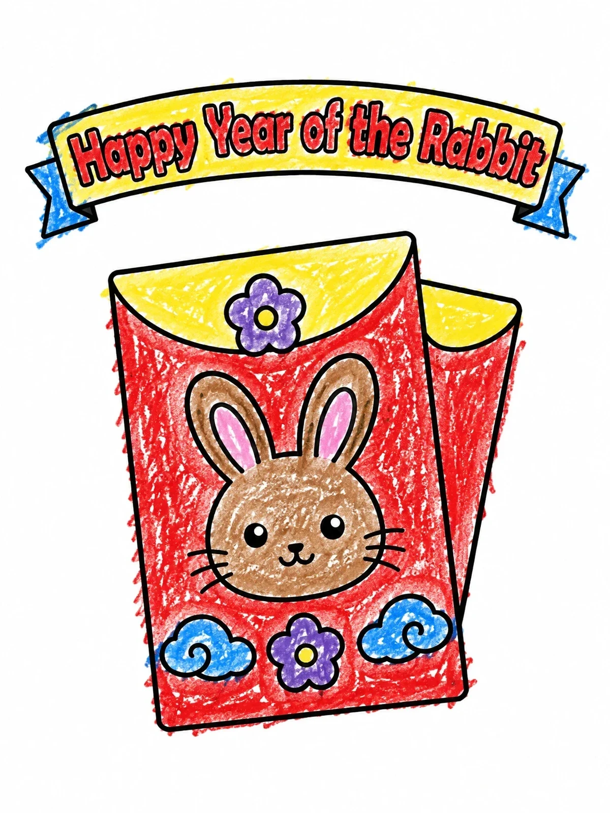Colored example of the Lucky Envelope With Cute Bunny coloring page