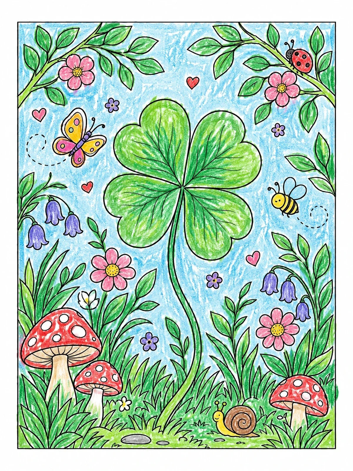 Colored example of the Lucky Four Leaf Clover In The Meadow coloring page