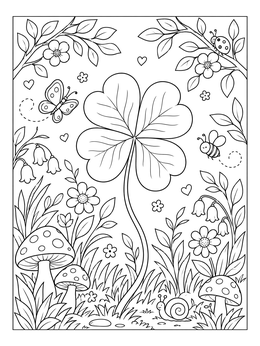 Free printable Lucky Four Leaf Clover In The Meadow coloring page