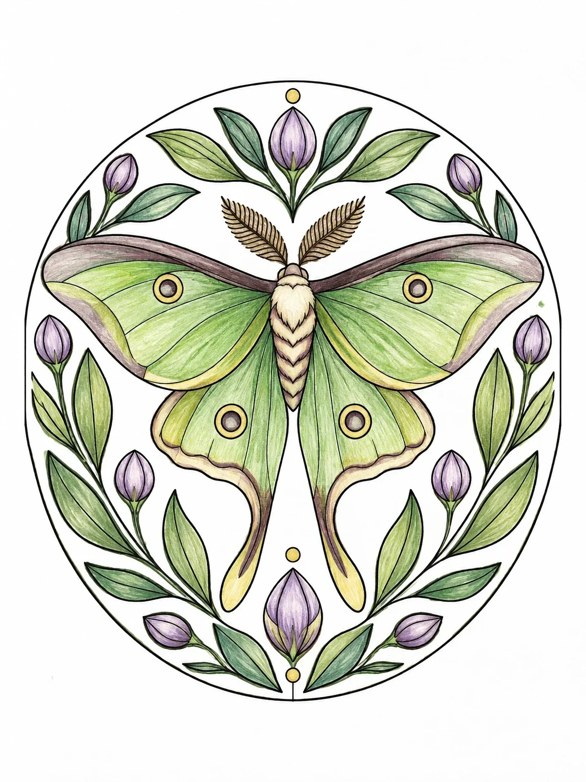 Colored example of the Luna Moth In Botanical Oval coloring page