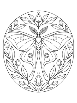 A detailed luna moth coloring page framed by botanical leaves and flower buds in an oval.