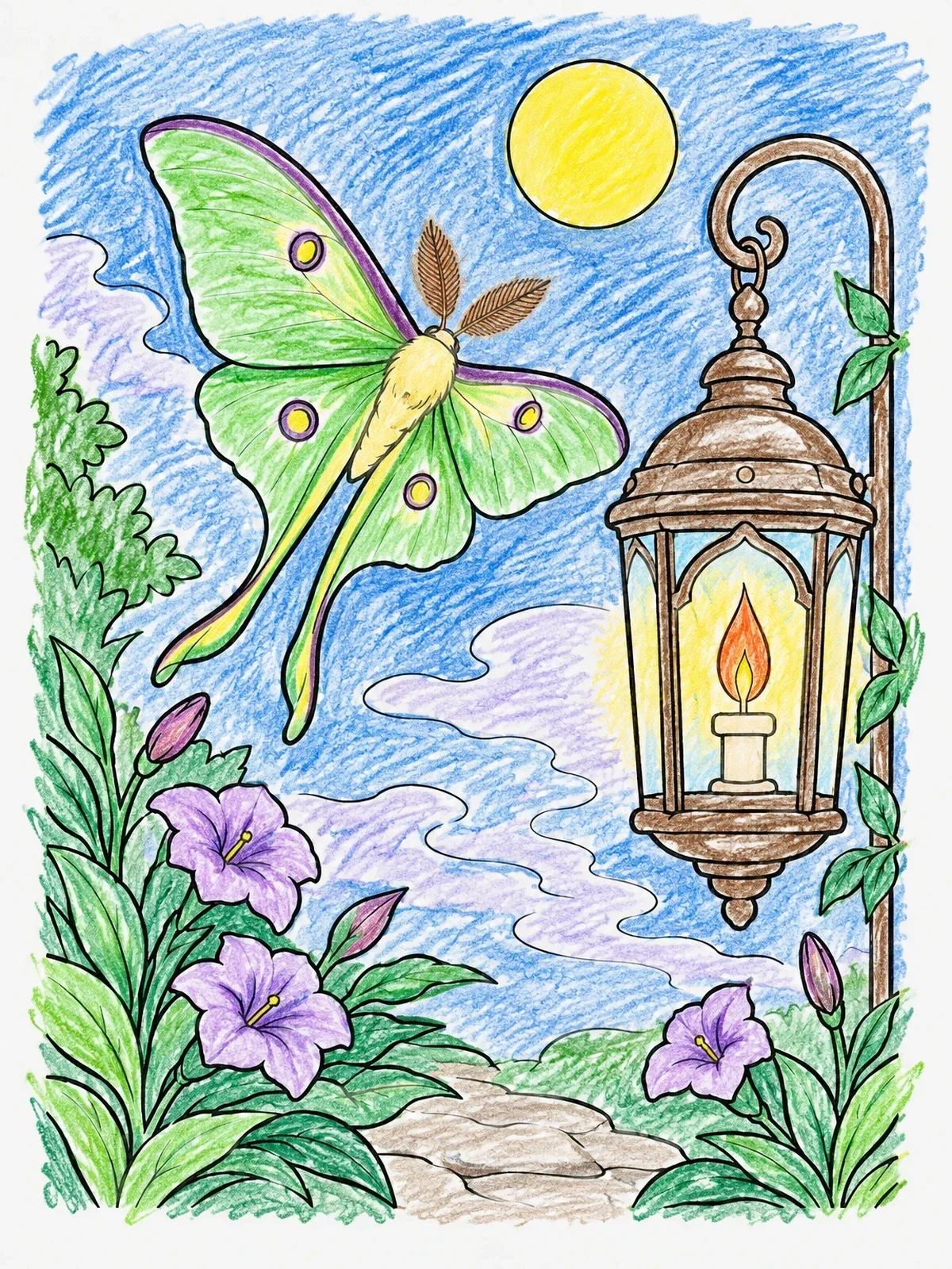 Colored example of the Luna Moth By The Garden Lantern coloring page