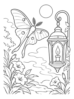 A detailed luna moth coloring page featuring an ornate lantern and flowers.