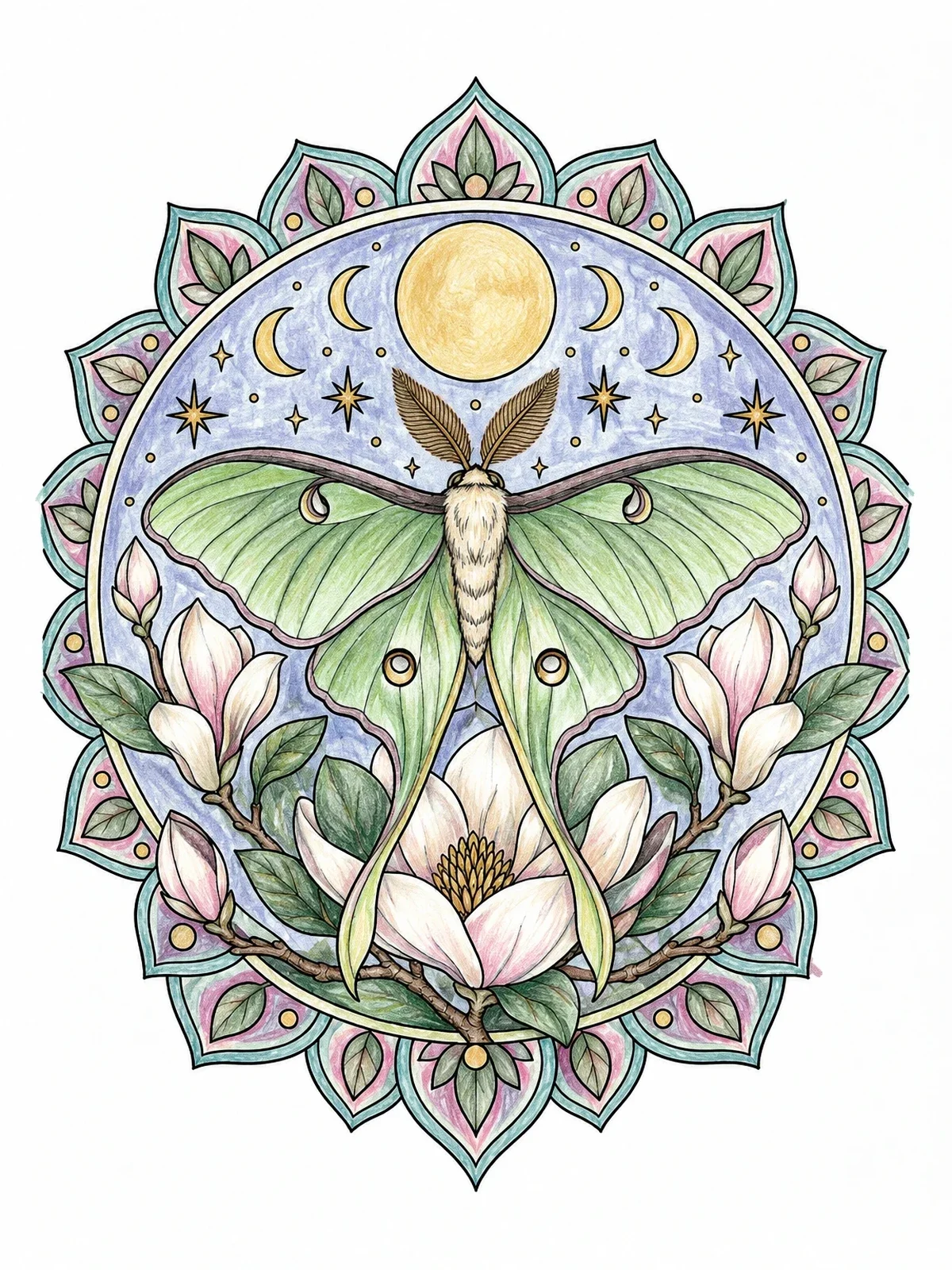 Colored example of the Luna Moth And Magnolia Mandala coloring page