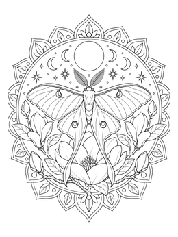 Intricate moth coloring page featuring a luna moth, magnolia blooms, and celestial patterns.