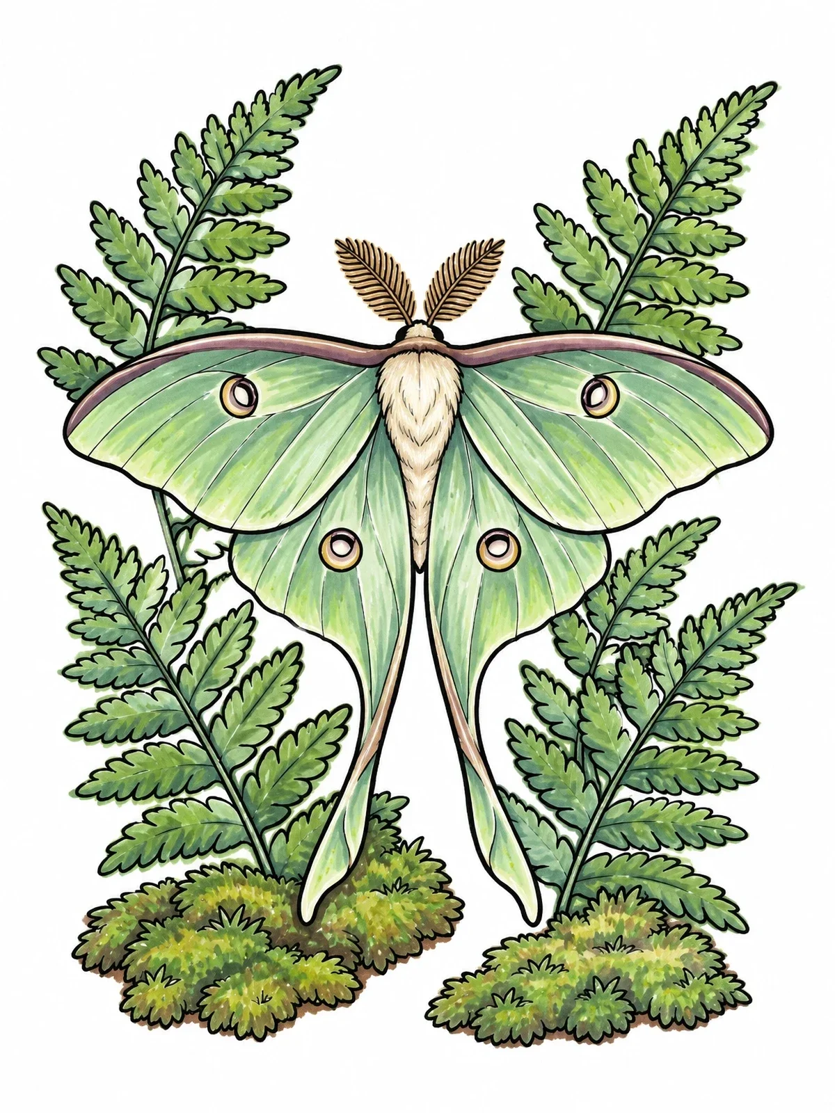 Colored example of the Luna Moth And Woodland Ferns coloring page