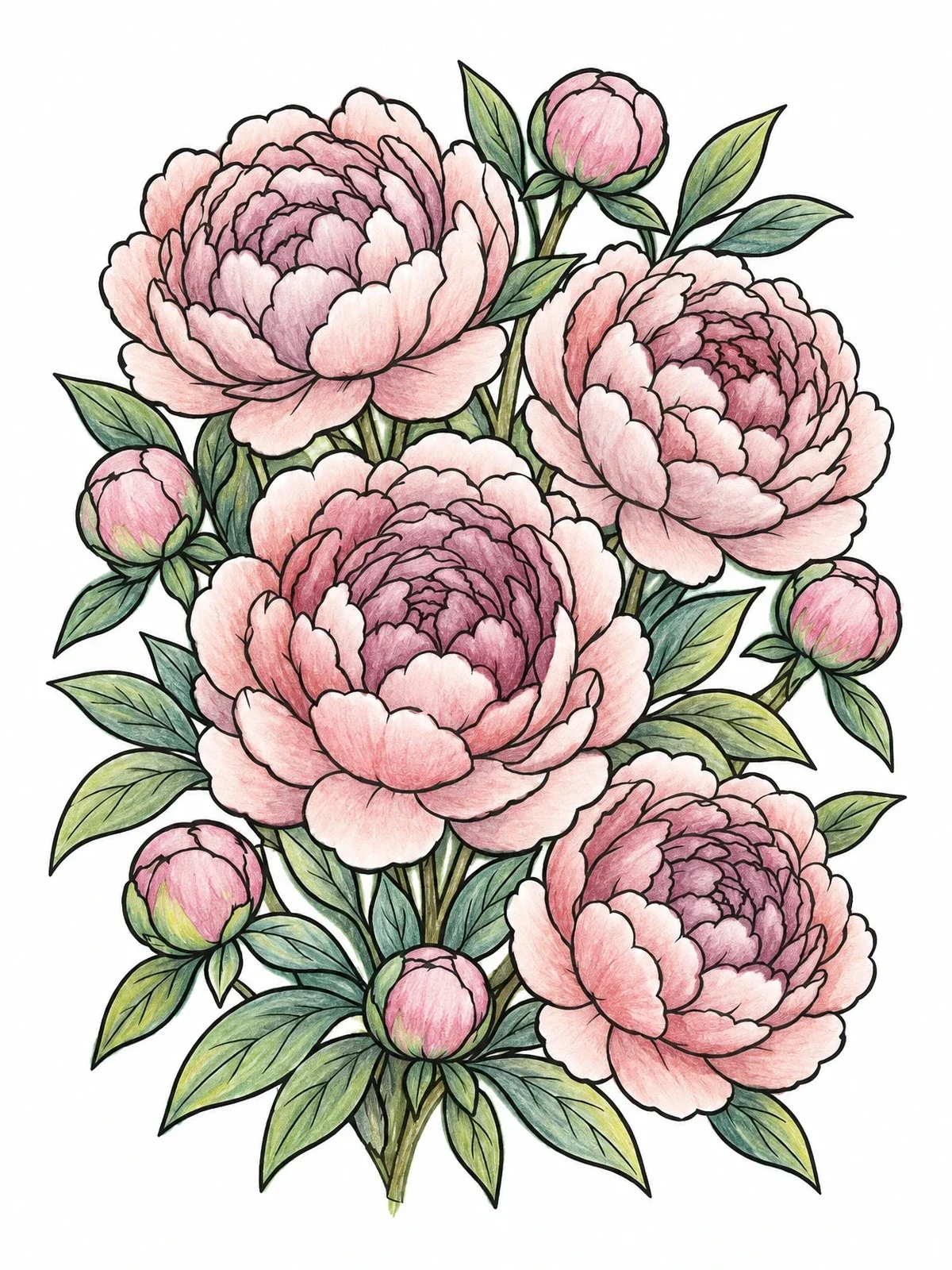 Colored example of the Lush Blooming Peony Bouquet coloring page