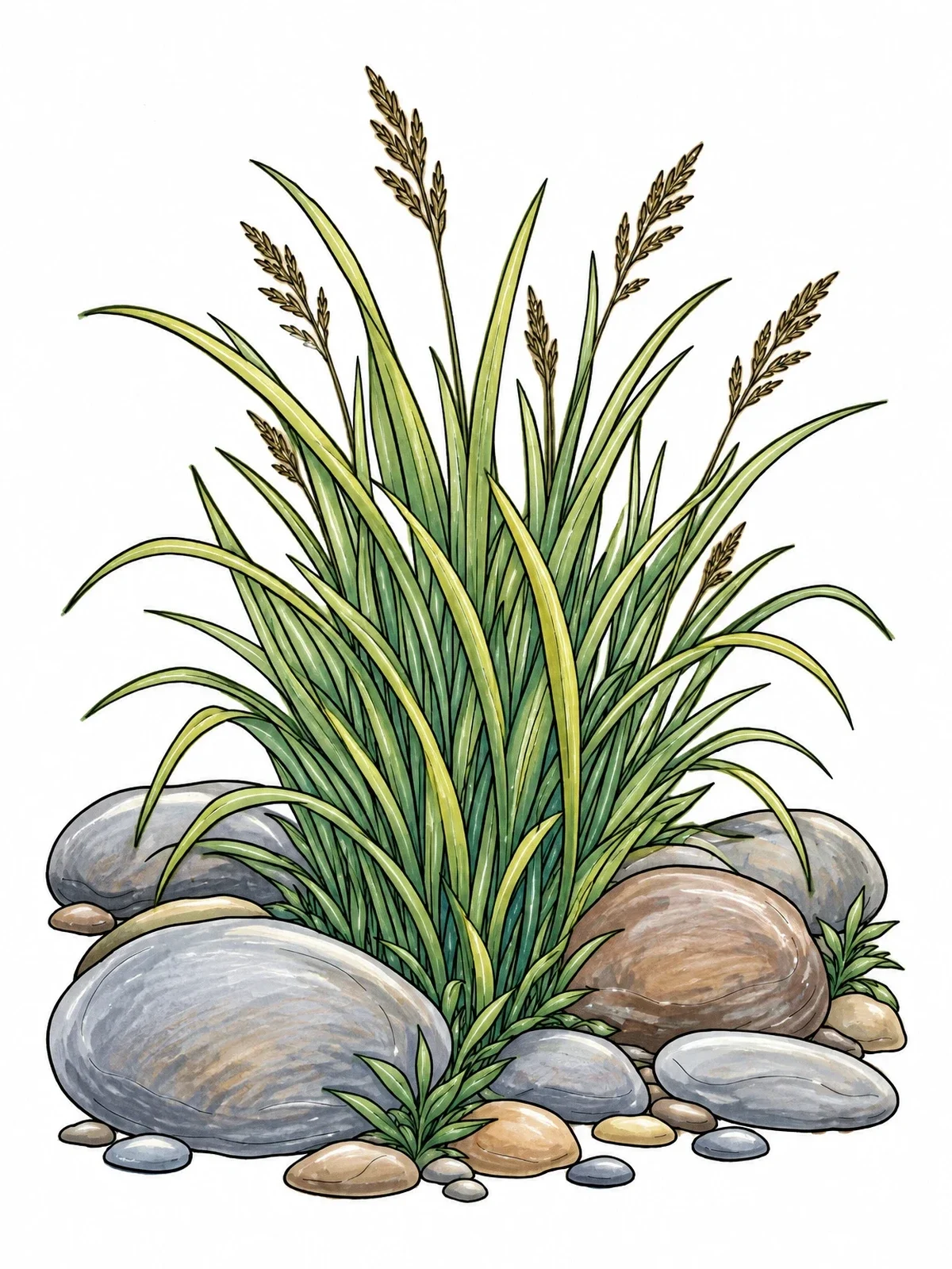Colored example of the Lush Grass Clump By River Stones coloring page