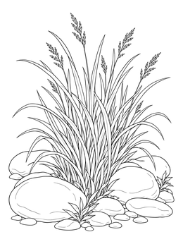 Free printable Lush Grass Clump By River Stones coloring page