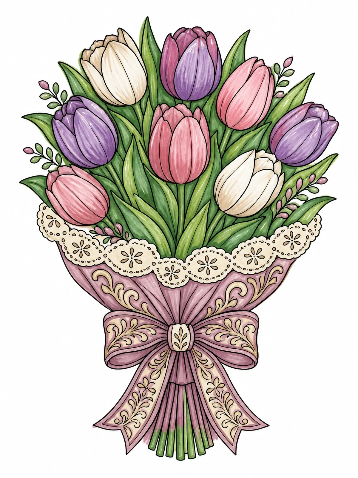 Colored example of the Lush Tulip Bouquet With Ribbon coloring page
