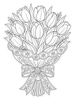An ornate bouquet of blossoms fills this tulip coloring page tied with decorative lace and a bow.