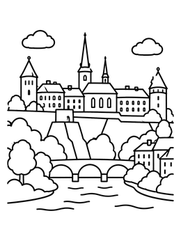 Free printable Luxembourg City Skyline And River coloring page