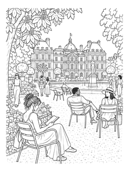 Visitors relaxing near the grand palace fountain in this detailed paris coloring page.