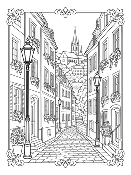 A detailed luxembourg coloring page showing a cobblestone street with vintage lanterns and townhouses.