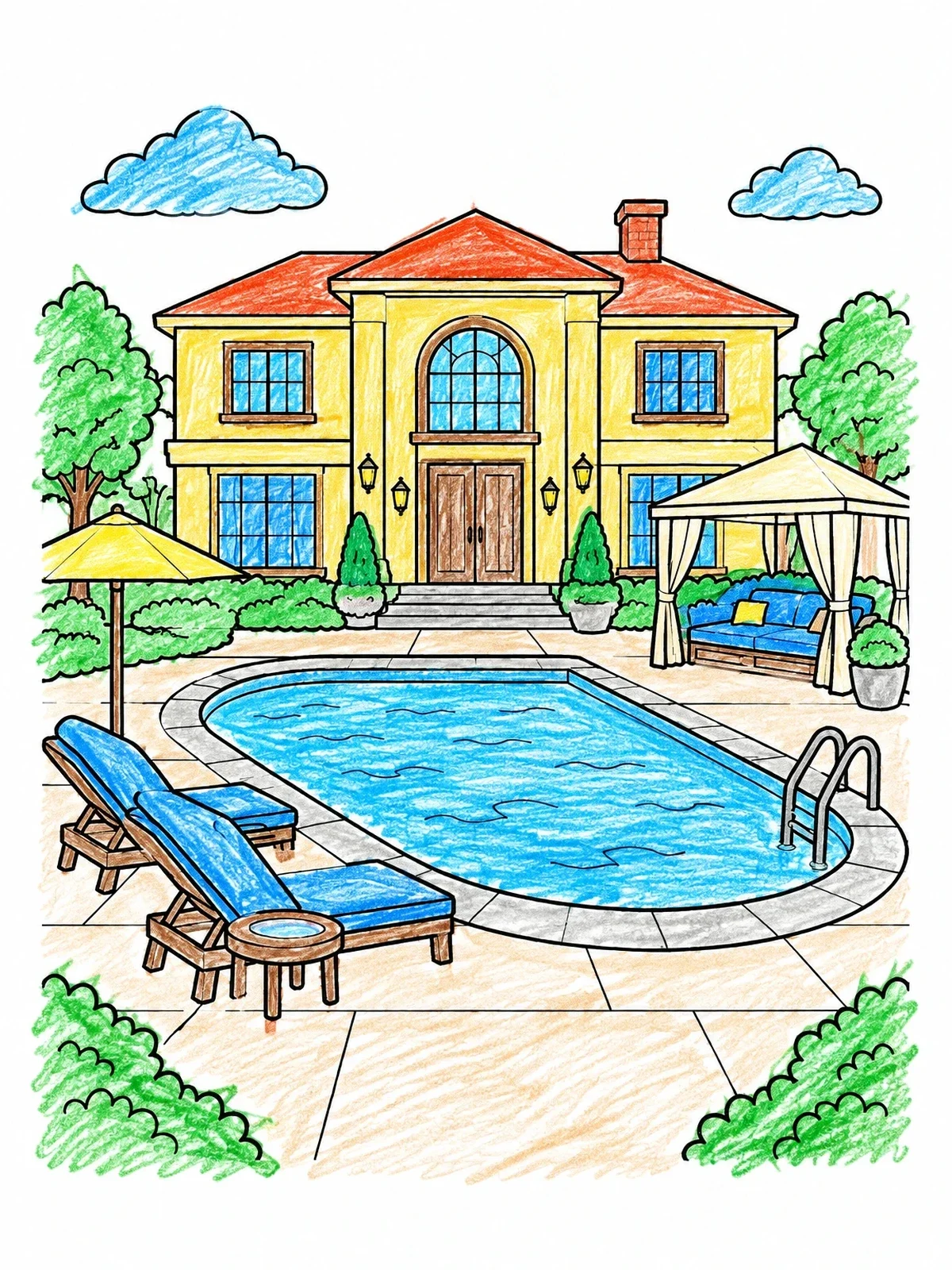 Colored example of the Luxury Mansion Backyard And Swimming Pool coloring page