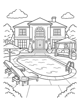 Free printable Luxury Mansion Backyard And Swimming Pool coloring page