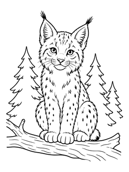 A lynx coloring page featuring a spotted cub perched on a fallen branch with pine trees in the background.