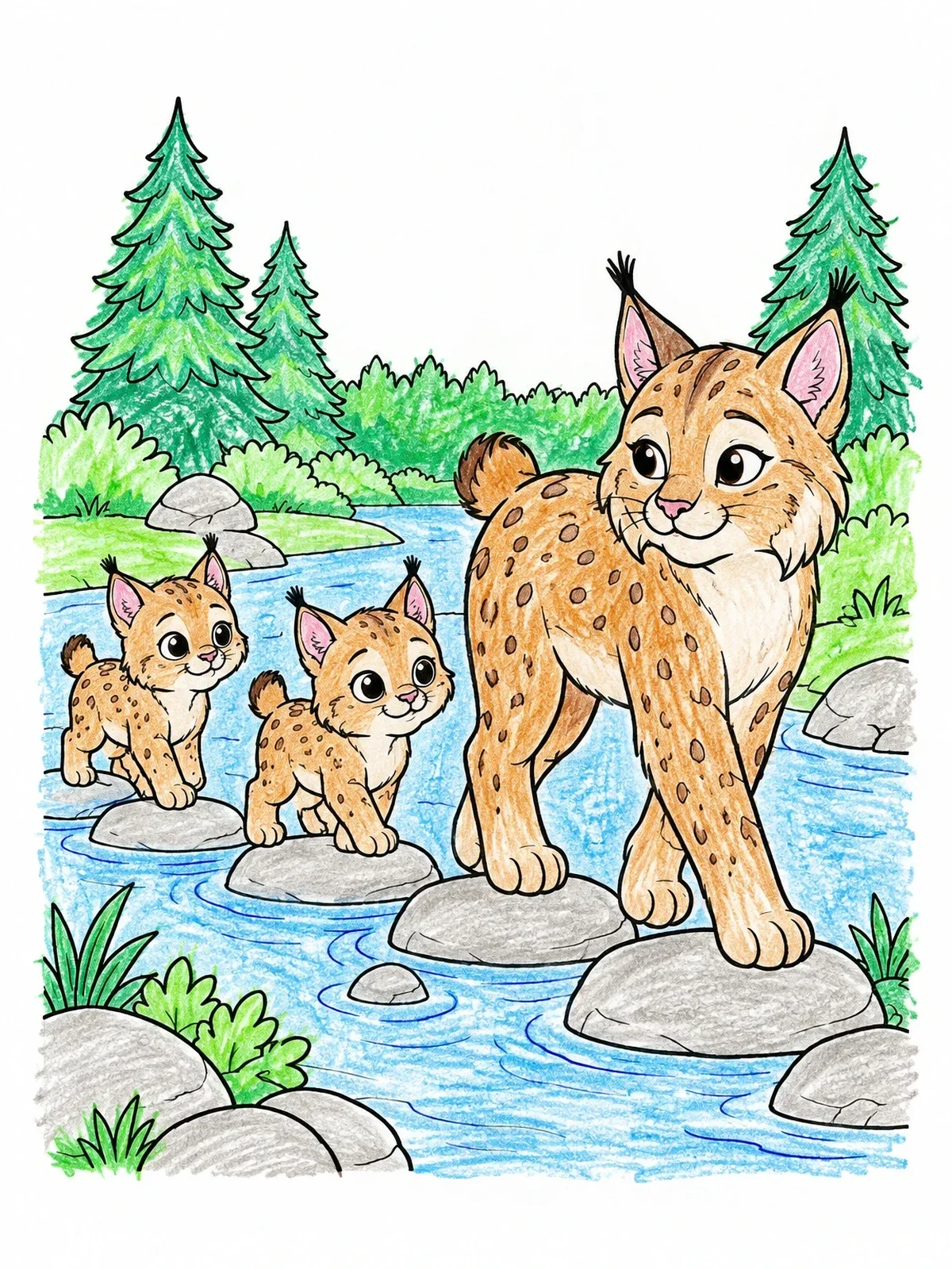 Colored example of the Lynx Family Crossing The Stream coloring page