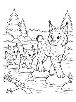 Free printable Lynx Family Crossing The Stream coloring page