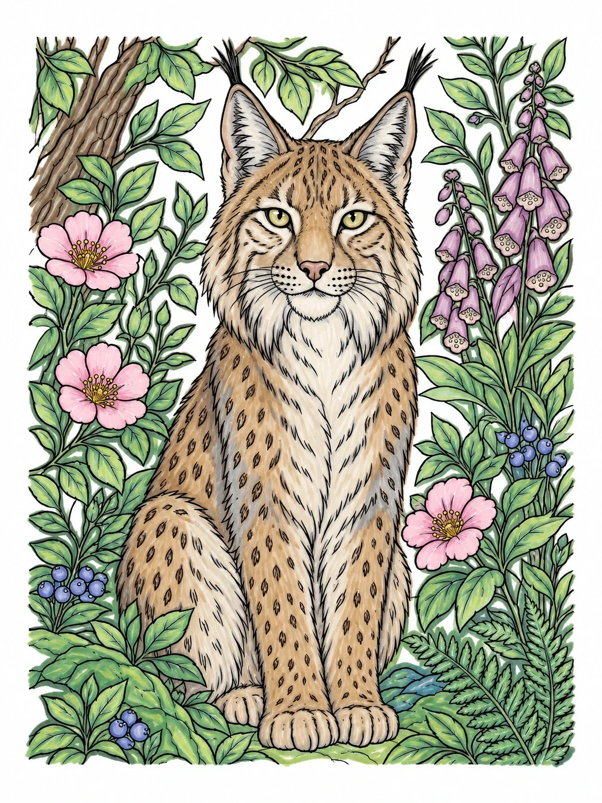 Colored example of the Lynx In The Forest Garden coloring page