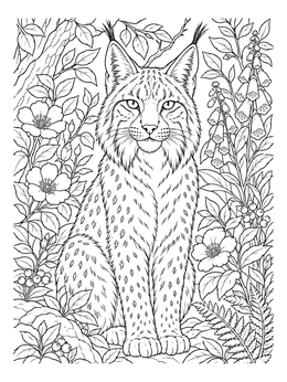 An adult lynx coloring page surrounded by woodland plants and flowers.