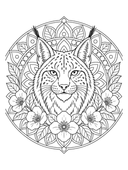 Detailed lynx coloring page surrounded by flowers and an intricate mandala pattern.