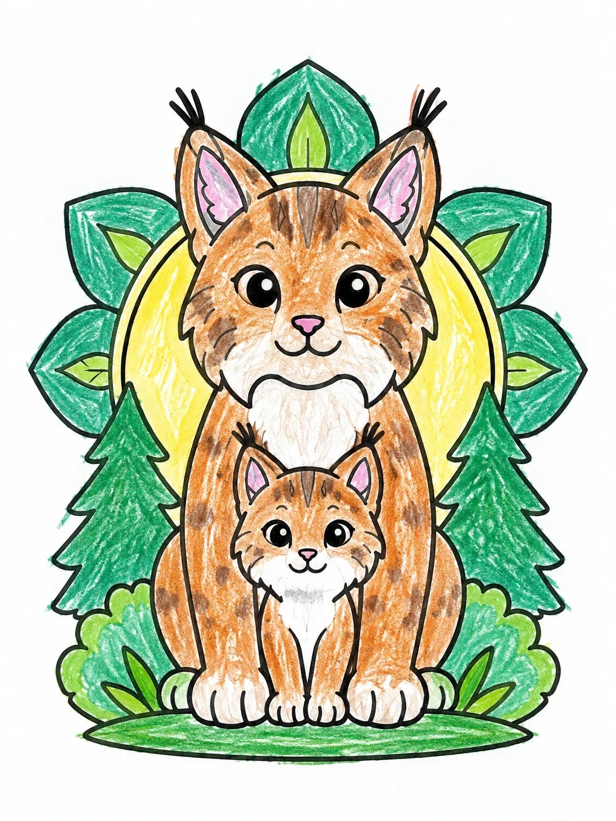 Colored example of the Lynx Mother And Cute Kitten coloring page
