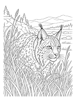 A wild lynx coloring page showing the cat lurking through dense grass against a mountain backdrop.